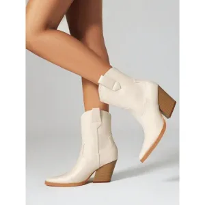 Womens Western Cowboy Boots Chunky Mid Prom Boot beige 8.5 US gift REITOYE