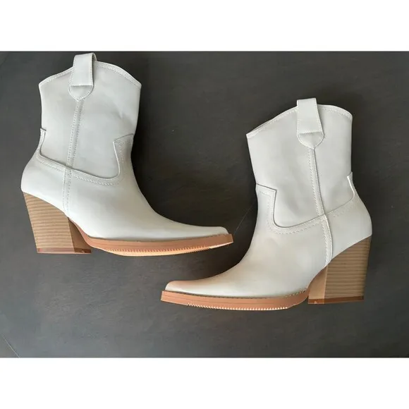Womens Western Cowboy Boots Chunky Mid Prom Boot beige 8.5 US gift REITOYE