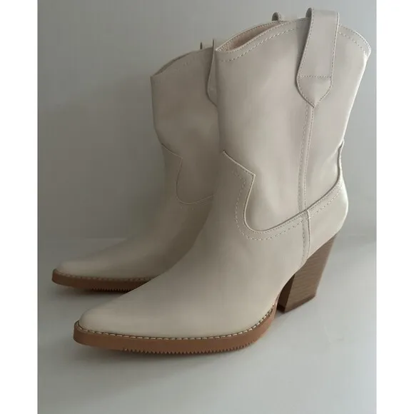 Womens Western Cowboy Boots Chunky Mid Prom Boot beige 8.5 US gift REITOYE