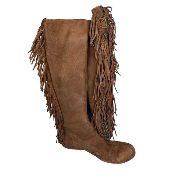 Women’s Lanvin 2005 Alber Elbaz Fringe Brown Knee high Suede Boots IT 40 - US 10