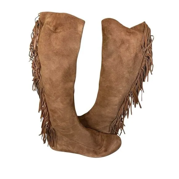 Women’s Lanvin 2005 Alber Elbaz Fringe Brown Knee high Suede Boots IT 40 - US 10