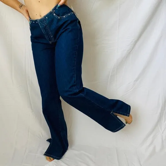 Y2K Xhilaration Rhinestone embellished dark denim mid waist slit flare jeans