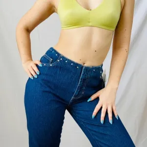 Y2K Xhilaration Rhinestone embellished dark denim mid waist slit flare jeans