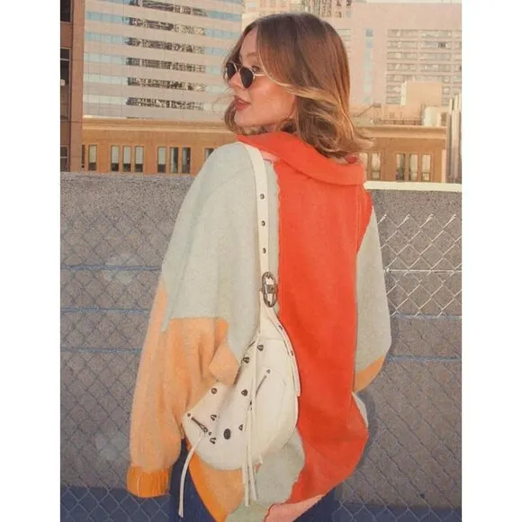 Yimoon Sweatshirt Women Gray Orange Long Sleeve Fleece Pullover V-Neck