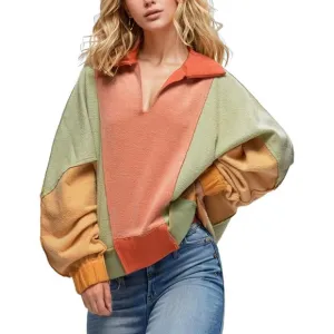 Yimoon Sweatshirt Women Gray Orange Long Sleeve Fleece Pullover V-Neck