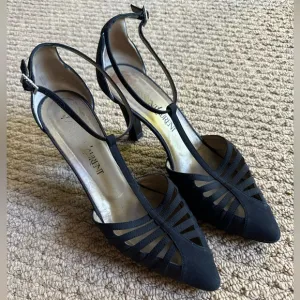 YSL Black T Strap Ribcage Vintage Satin High Heel Shoes