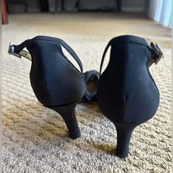 YSL Black T Strap Ribcage Vintage Satin High Heel Shoes