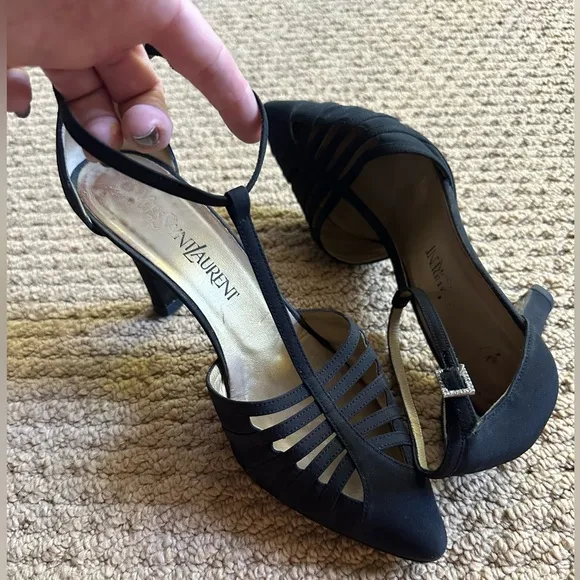 YSL Black T Strap Ribcage Vintage Satin High Heel Shoes