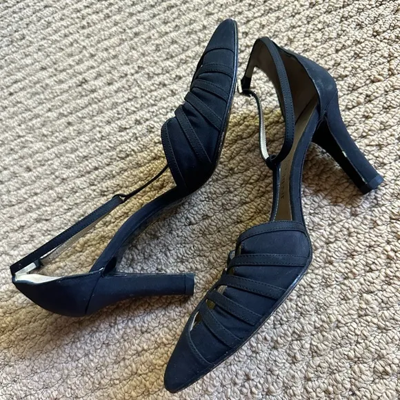 YSL Black T Strap Ribcage Vintage Satin High Heel Shoes