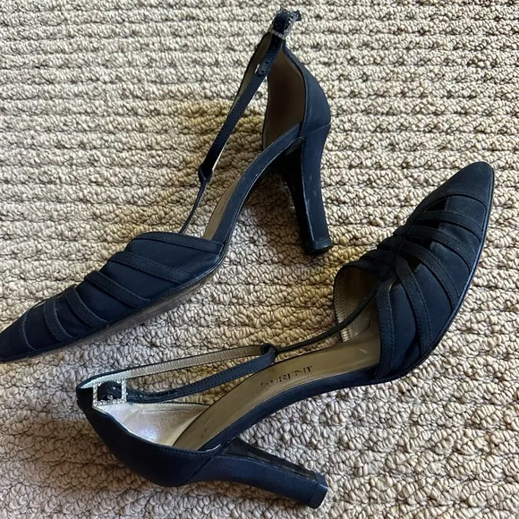 YSL Black T Strap Ribcage Vintage Satin High Heel Shoes