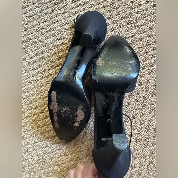 YSL Black T Strap Ribcage Vintage Satin High Heel Shoes
