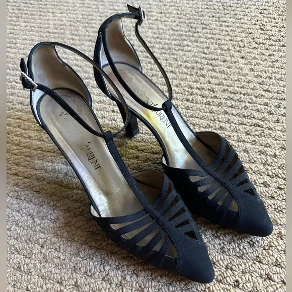 YSL Black T Strap Ribcage Vintage Satin High Heel Shoes