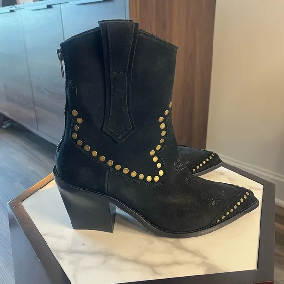 Zadig &amp; Voltaire Cara Suede Western Studded Ankle Boot Black US 9 EU 40