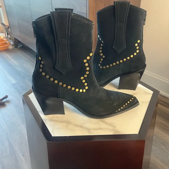 Zadig &amp; Voltaire Cara Suede Western Studded Ankle Boot Black US 9 EU 40