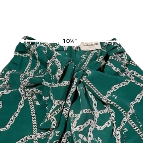 Zadig &amp; Voltaire Jana CDC Silk Green &amp; Silver Chaines Tie Front Skirt Sz XS
