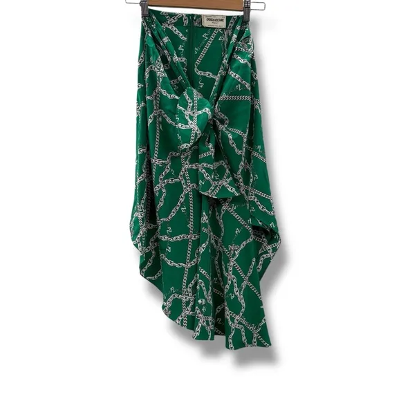 Zadig &amp; Voltaire Jana CDC Silk Green &amp; Silver Chaines Tie Front Skirt Sz XS