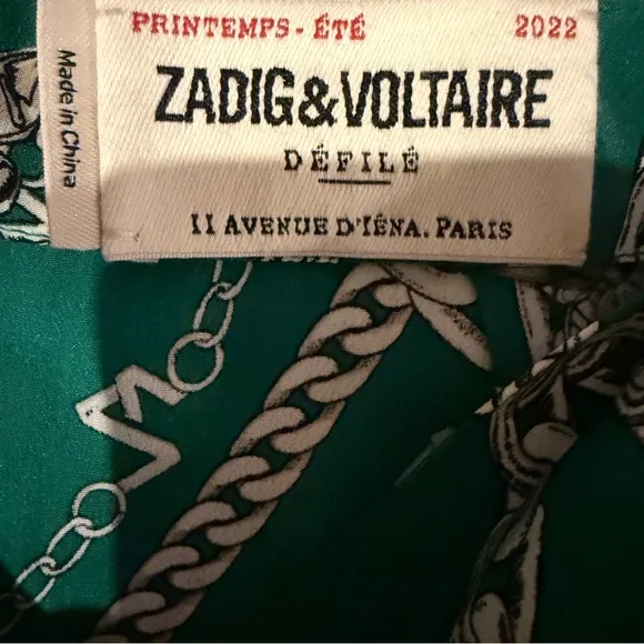 Zadig &amp; Voltaire Jana CDC Silk Green &amp; Silver Chaines Tie Front Skirt Sz XS