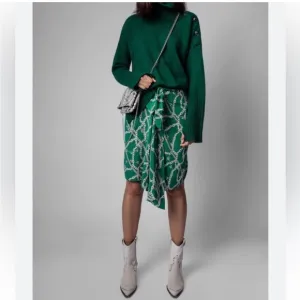 Zadig &amp; Voltaire Jana CDC Silk Green &amp; Silver Chaines Tie Front Skirt Sz XS
