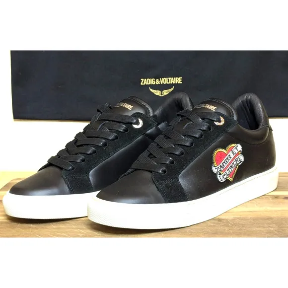 Zadig &amp; Voltaire Shoes Womens 7.5 EU 38 Black NEW Heart Patch Sneakers ZV1747