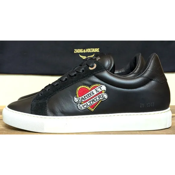 Zadig &amp; Voltaire Shoes Womens 7.5 EU 38 Black NEW Heart Patch Sneakers ZV1747