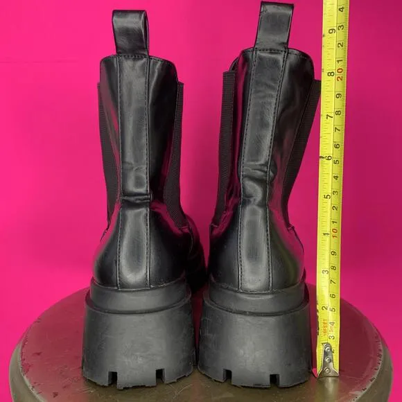 Zara Black Leather Chunky Lug Sole Platform High Ankle Chelsea Boot Sz 9