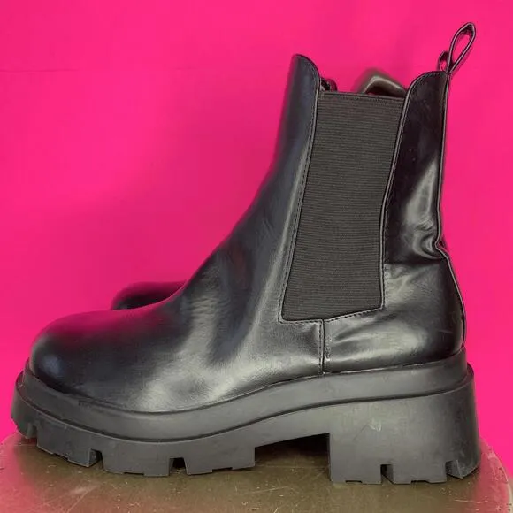 Zara Black Leather Chunky Lug Sole Platform High Ankle Chelsea Boot Sz 9