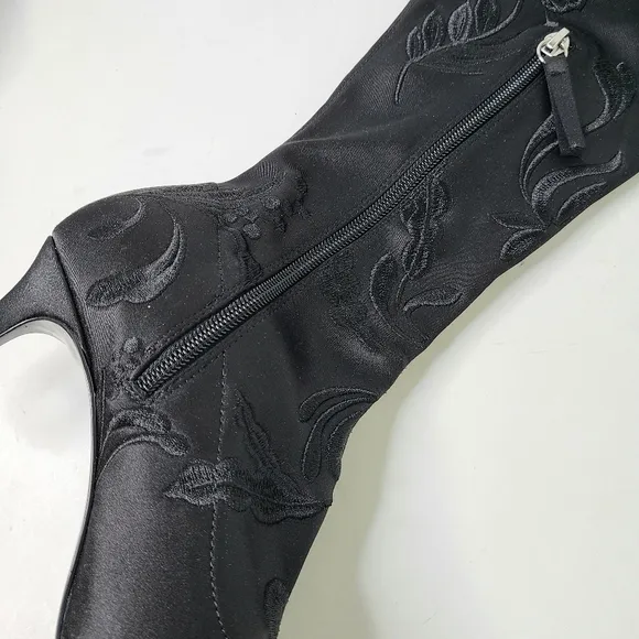Zara Black Satin Floral Embroidered Over-The-Knee Pointy Toe Heeled Boots