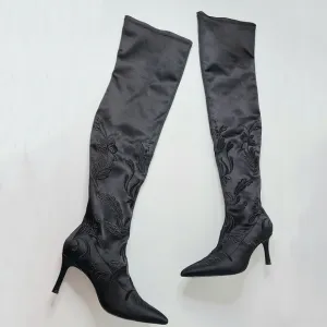 Zara Black Satin Floral Embroidered Over-The-Knee Pointy Toe Heeled Boots