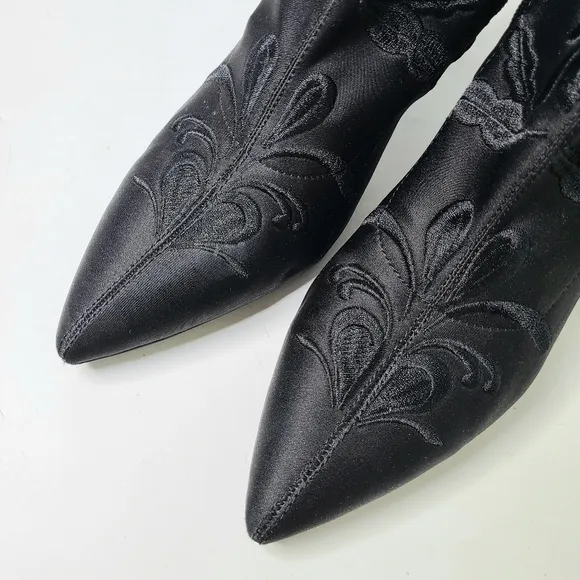 Zara Black Satin Floral Embroidered Over-The-Knee Pointy Toe Heeled Boots
