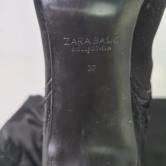 Zara Black Satin Floral Embroidered Over-The-Knee Pointy Toe Heeled Boots