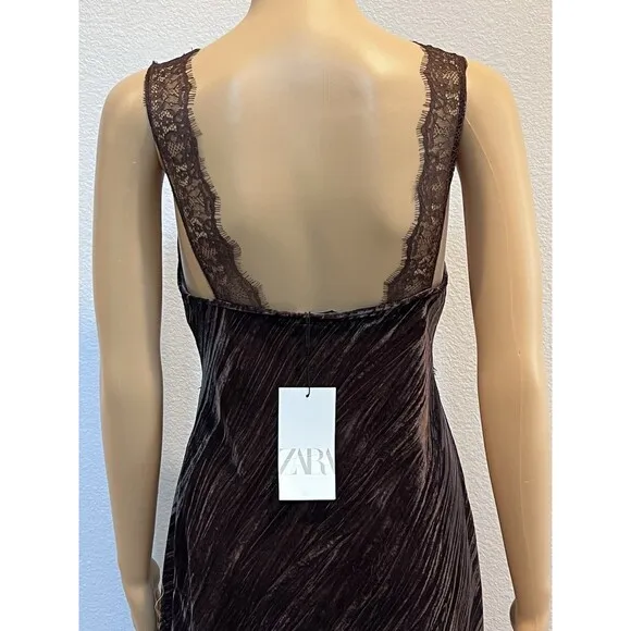 ZARA BROWN CHOCOLATE SLEEVELESS MIDI VELVET DRESS WITH LACE DETAIL SIZE M BNWT