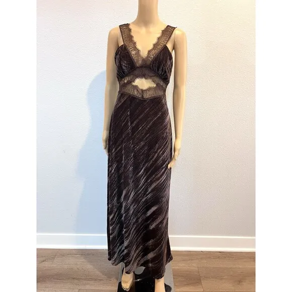 ZARA BROWN CHOCOLATE SLEEVELESS MIDI VELVET DRESS WITH LACE DETAIL SIZE M BNWT