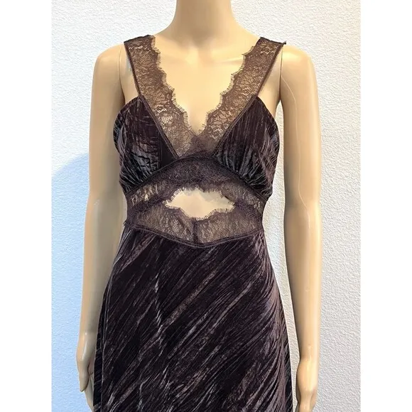 ZARA BROWN CHOCOLATE SLEEVELESS MIDI VELVET DRESS WITH LACE DETAIL SIZE M BNWT
