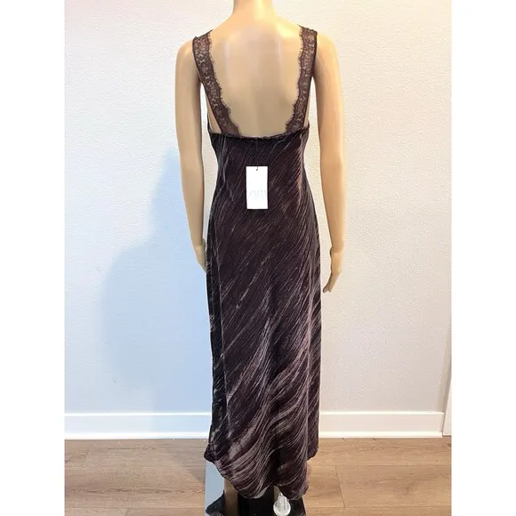 ZARA BROWN CHOCOLATE SLEEVELESS MIDI VELVET DRESS WITH LACE DETAIL SIZE M BNWT