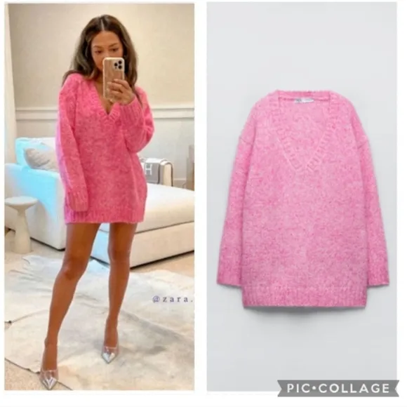 ZARA oversized knit long sweater pink size S