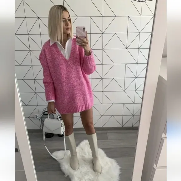 ZARA oversized knit long sweater pink size S
