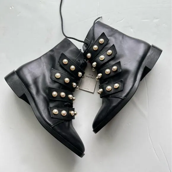 Zara Pearl Strap Black Leather Combat Ankle Boots Size 6