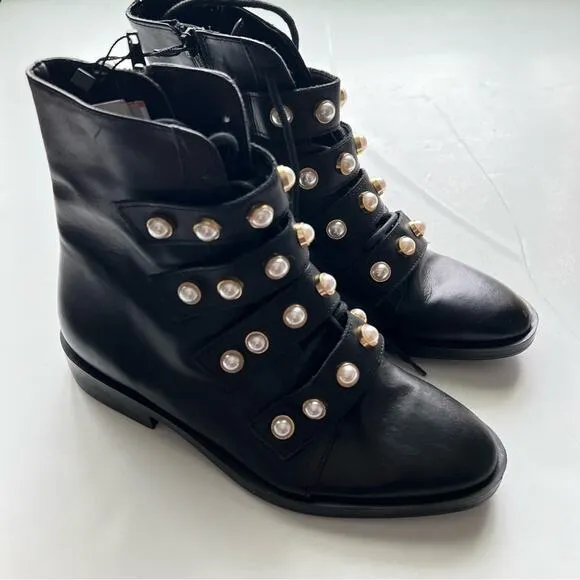 Zara Pearl Strap Black Leather Combat Ankle Boots Size 6