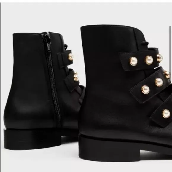 Zara Pearl Strap Black Leather Combat Ankle Boots Size 6