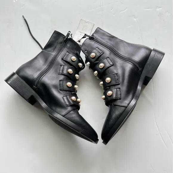 Zara Pearl Strap Black Leather Combat Ankle Boots Size 6