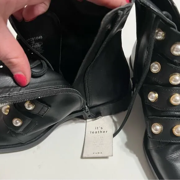 Zara Pearl Strap Black Leather Combat Ankle Boots Size 6