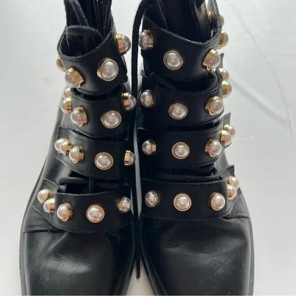 Zara Pearl Strap Black Leather Combat Ankle Boots Size 6