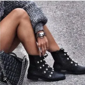 Zara Pearl Strap Black Leather Combat Ankle Boots Size 6
