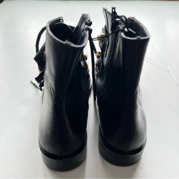 Zara Pearl Strap Black Leather Combat Ankle Boots Size 6