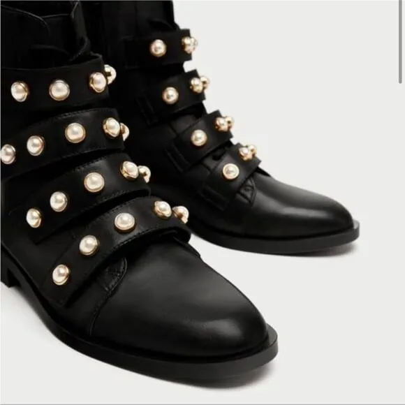 Zara Pearl Strap Black Leather Combat Ankle Boots Size 6