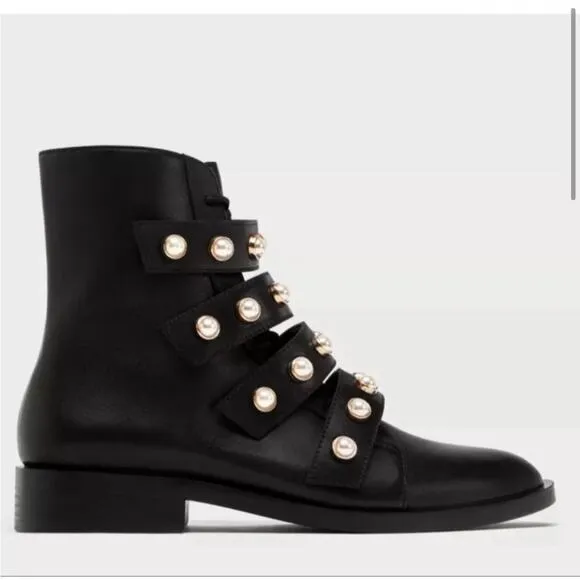 Zara Pearl Strap Black Leather Combat Ankle Boots Size 6