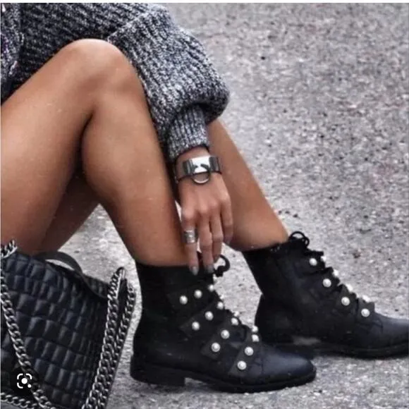 Zara Pearl Strap Black Leather Combat Ankle Boots Size 6