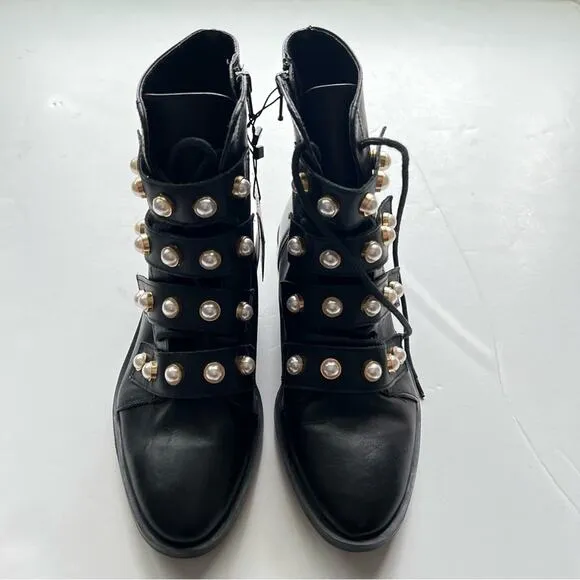 Zara Pearl Strap Black Leather Combat Ankle Boots Size 6