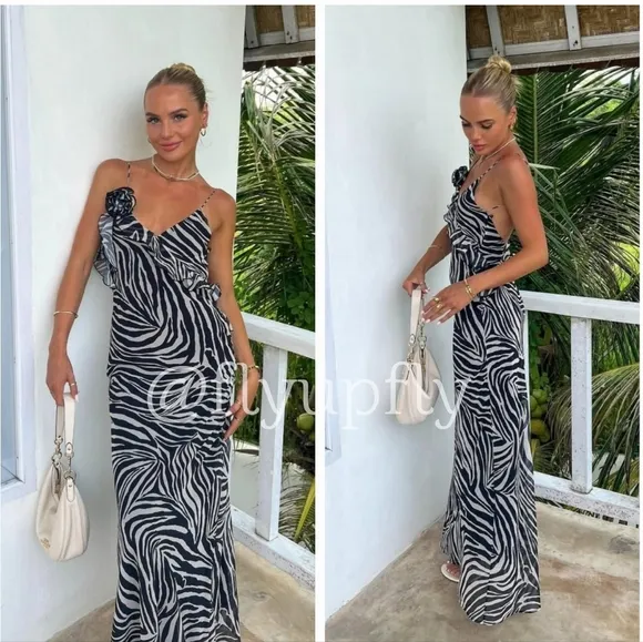 Zara Ruffled Maxi Dress Zebra Size XS