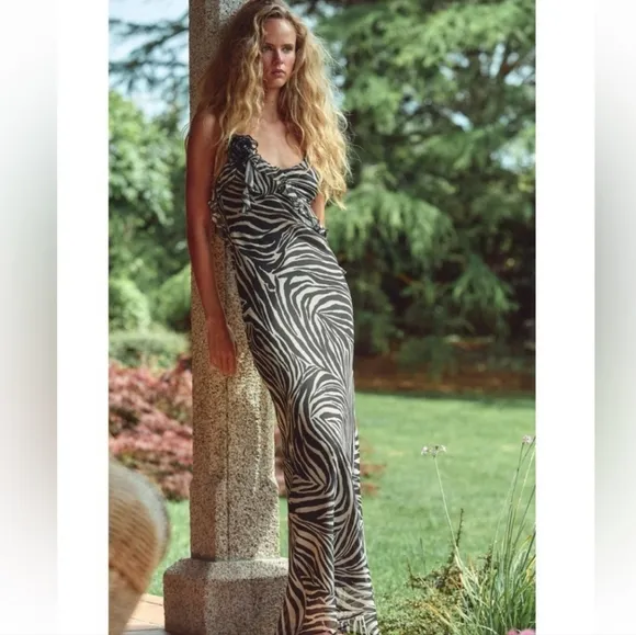 Zara Ruffled Maxi Dress Zebra Size XS